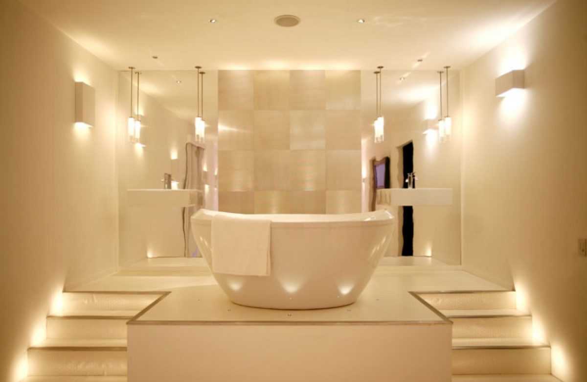 Точечные светильники в ванную комнату (74 фото): расположение встраиваемых светодиодных моделей