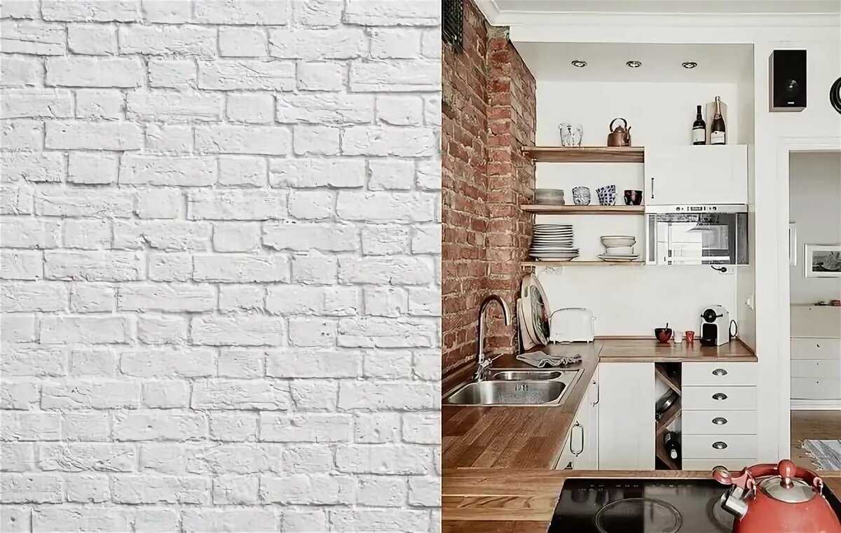Кирпичная стена в интерьере, с чем сочетается белая стена, искусственный кирпич в кухне